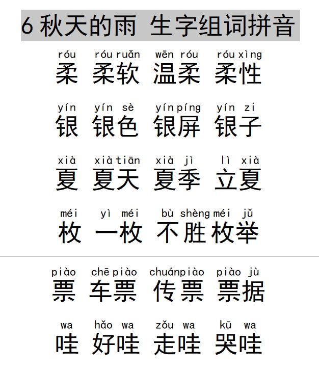 6秋天的雨 生字组词拼音