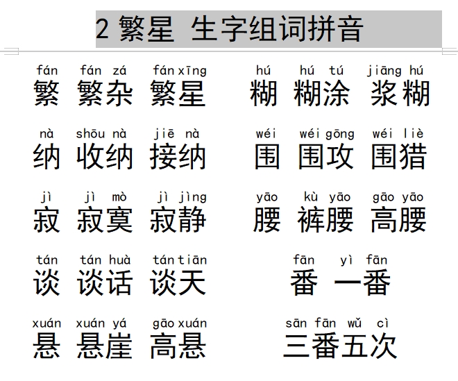 2繁星 生字组词拼音